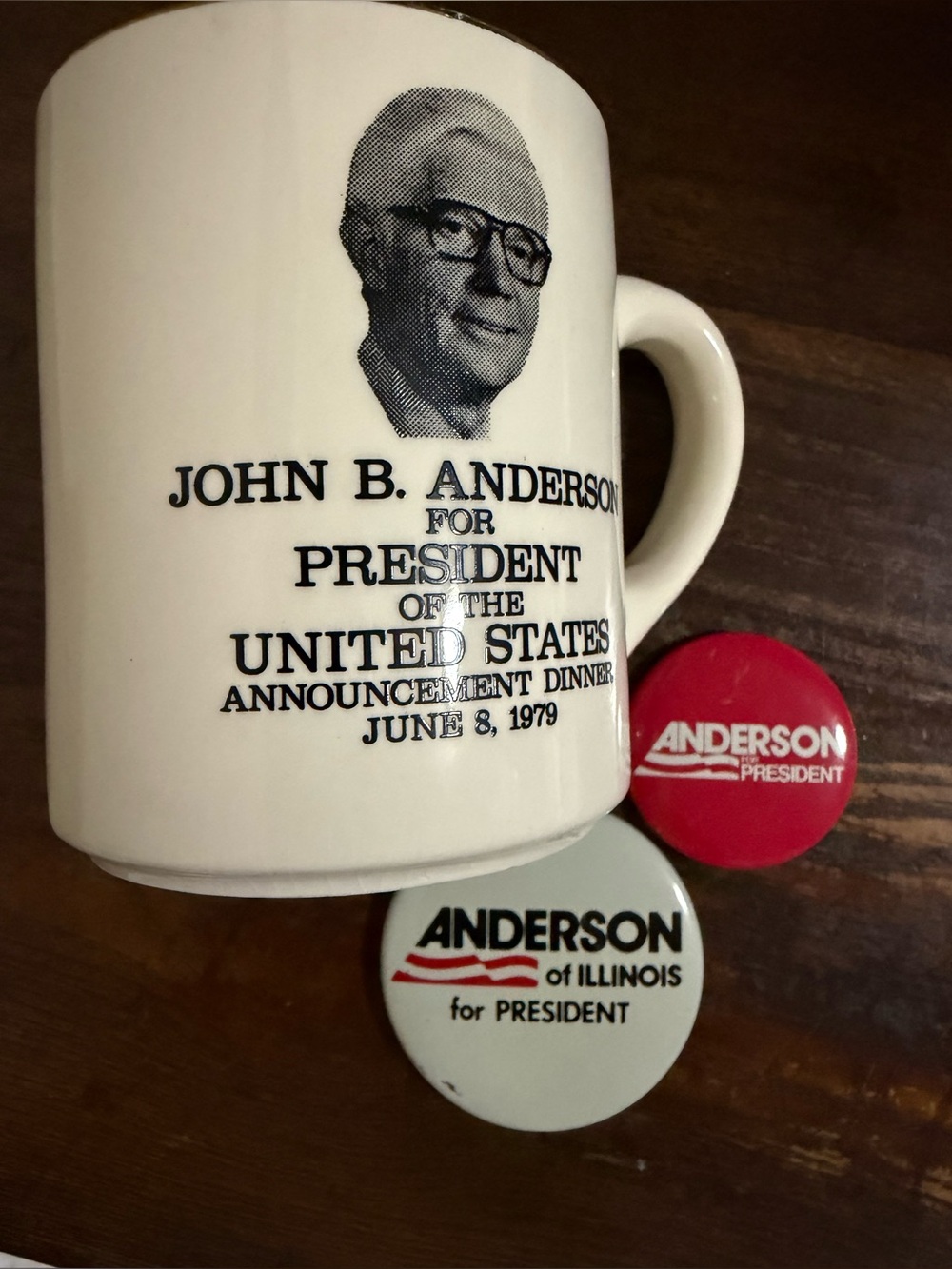 Vintage John B Anderson For President coffee mug w two vintage campaign buttons